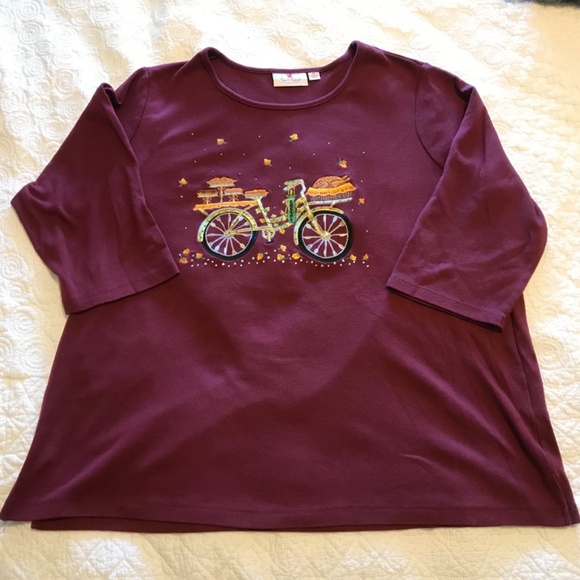 RARE QF maroon 3/4 sleeved top with embroidered fall bicycle scene (XL) - Picture 3 of 16